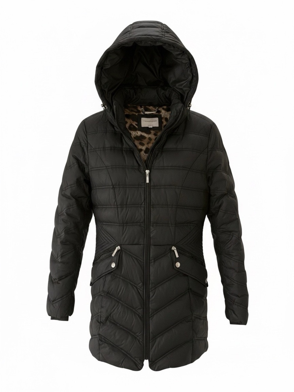 Laundry By Shelli Segal Black Hooded Quilted Puffer Coat with Leopard Lining